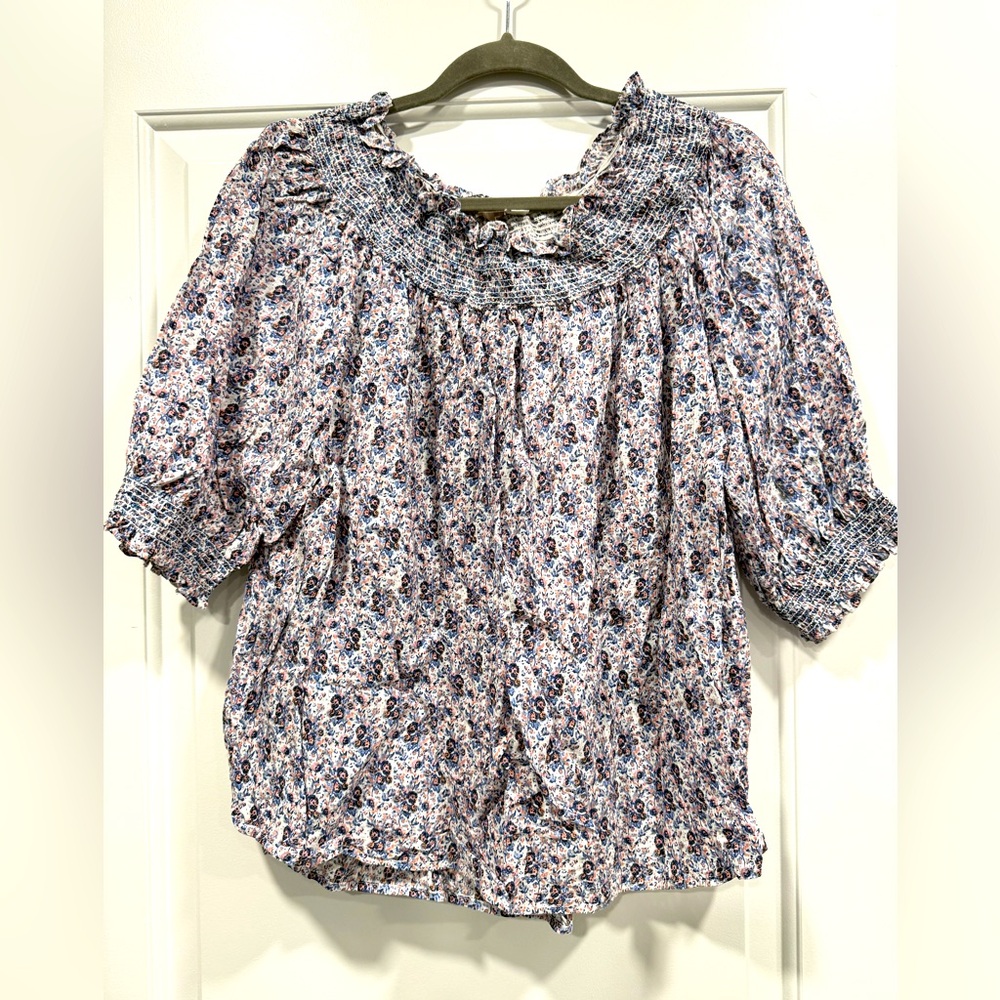 LOFT Black and White Smocked Puff Sleeve Blouse